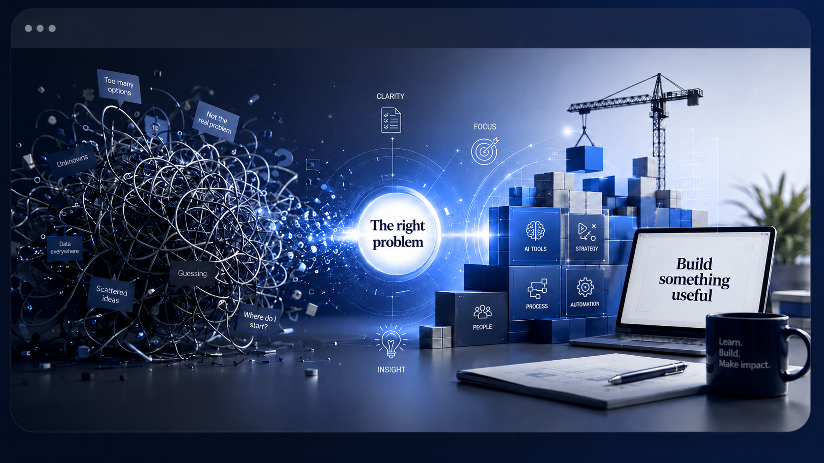 Scattered ideas and unknowns are clarified into the right problem, then built into a useful system using AI tools, strategy, process, automation and people.
