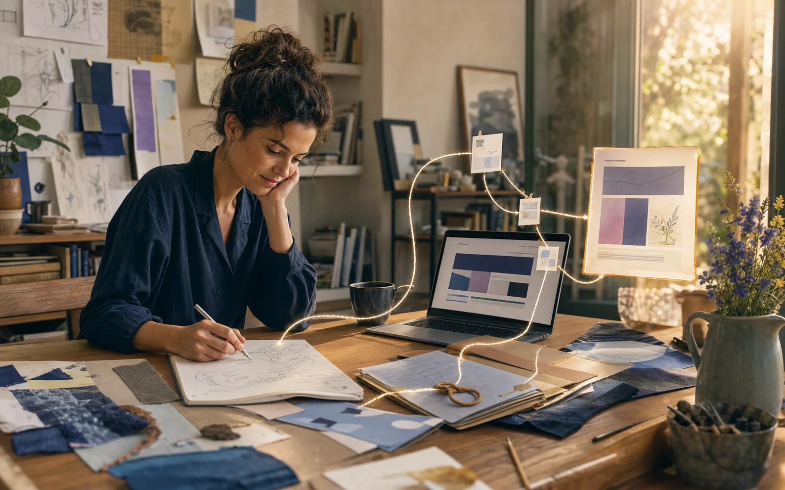 An adult learner works at a studio table as a glowing path links paper notes, a laptop, and a finished page.
