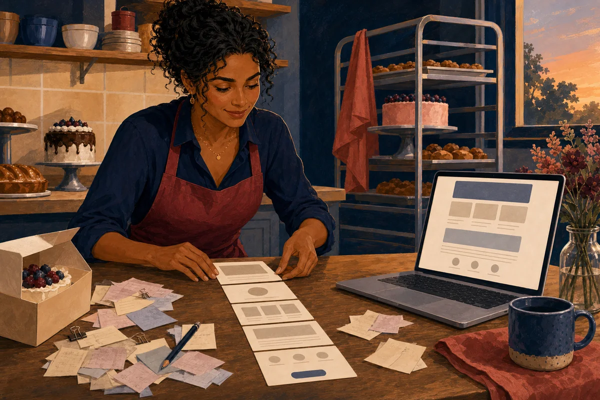 Maya studies a short plan that connects one customer path to one internal workflow.