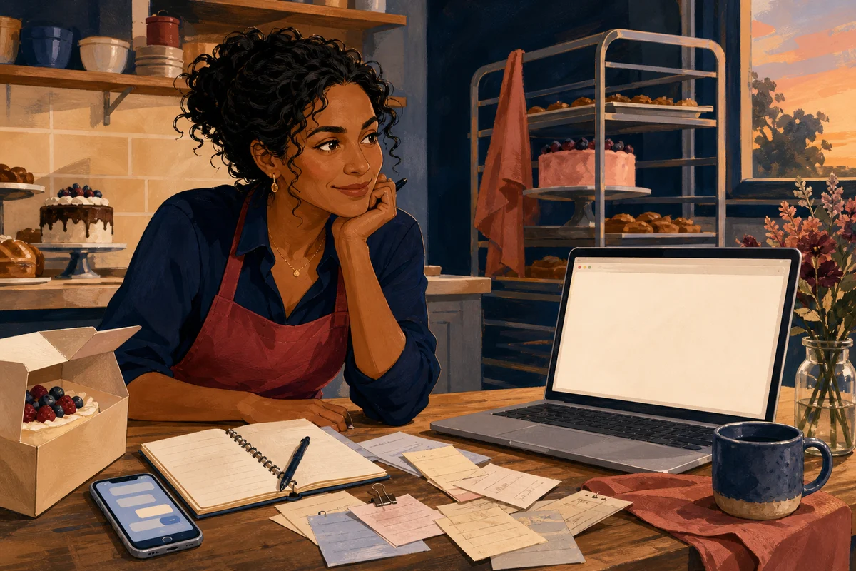 Maya surrounded by scattered bakery notes and customer messages.