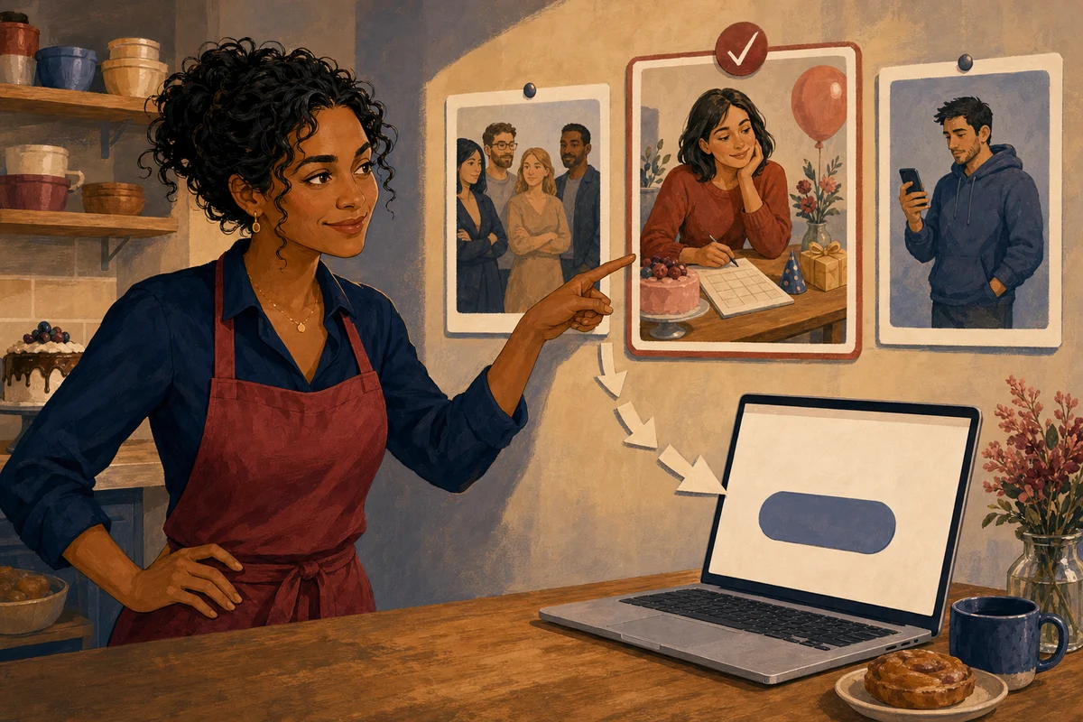 Maya focuses the bakery idea on one visitor with one clear celebration decision.