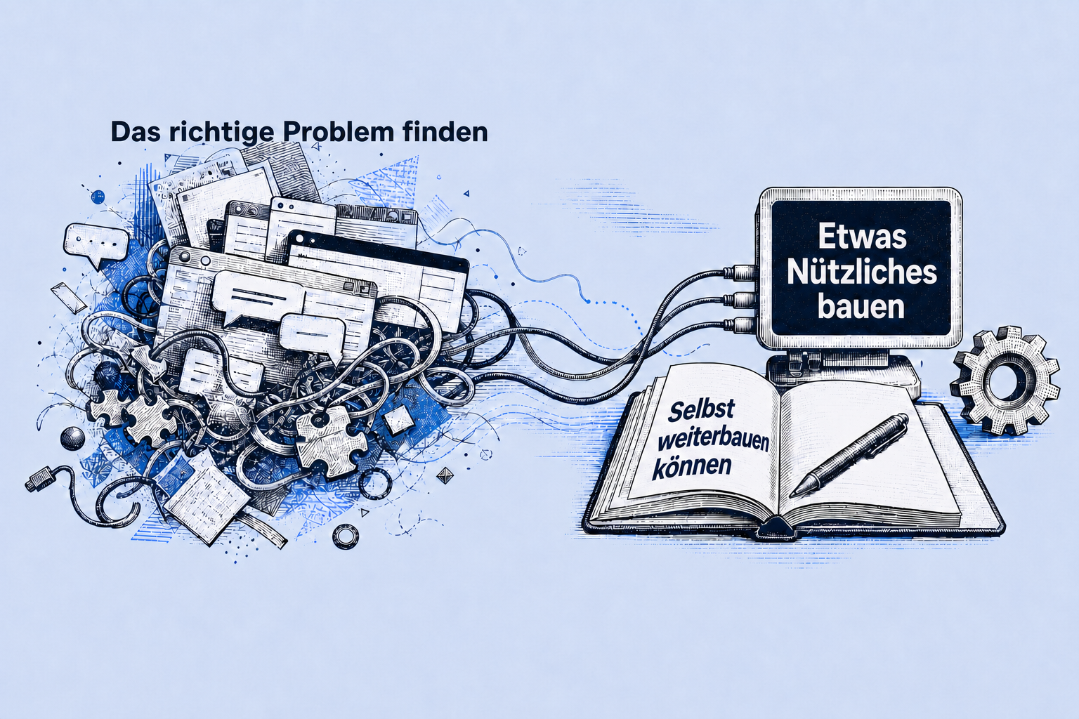 Handgezeichnete Darstellung: Aus einem unübersichtlichen Problem entsteht eine nützliche Lösung, die man selbst weiterentwickeln kann.
